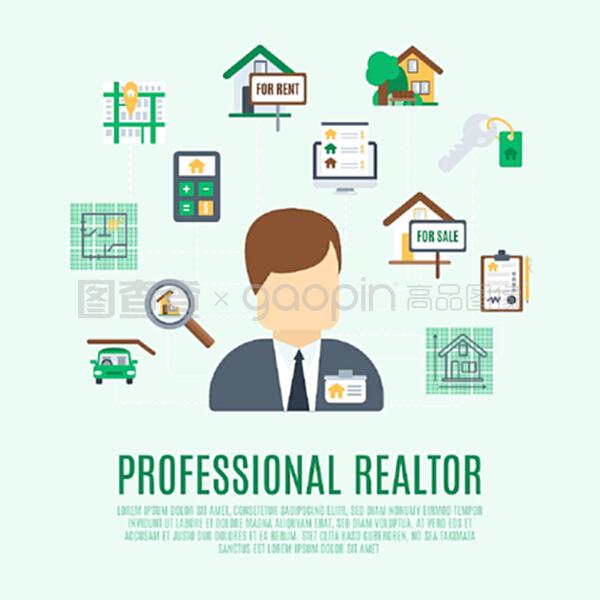 房地產(chǎn)概念與專業(yè)房地產(chǎn)經(jīng)紀(jì)人頭像和房地產(chǎn)符號(hào)矢量插圖。房地產(chǎn)概念